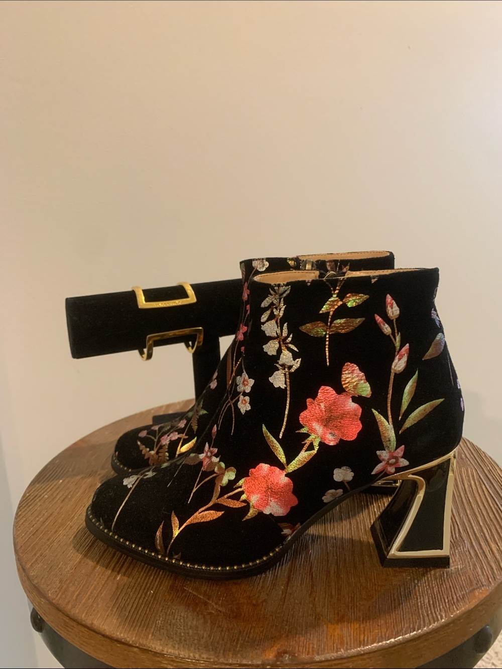 Black Velvet Floral Embroidered Ankle Booties with Gold-Trim Heel with bracelet